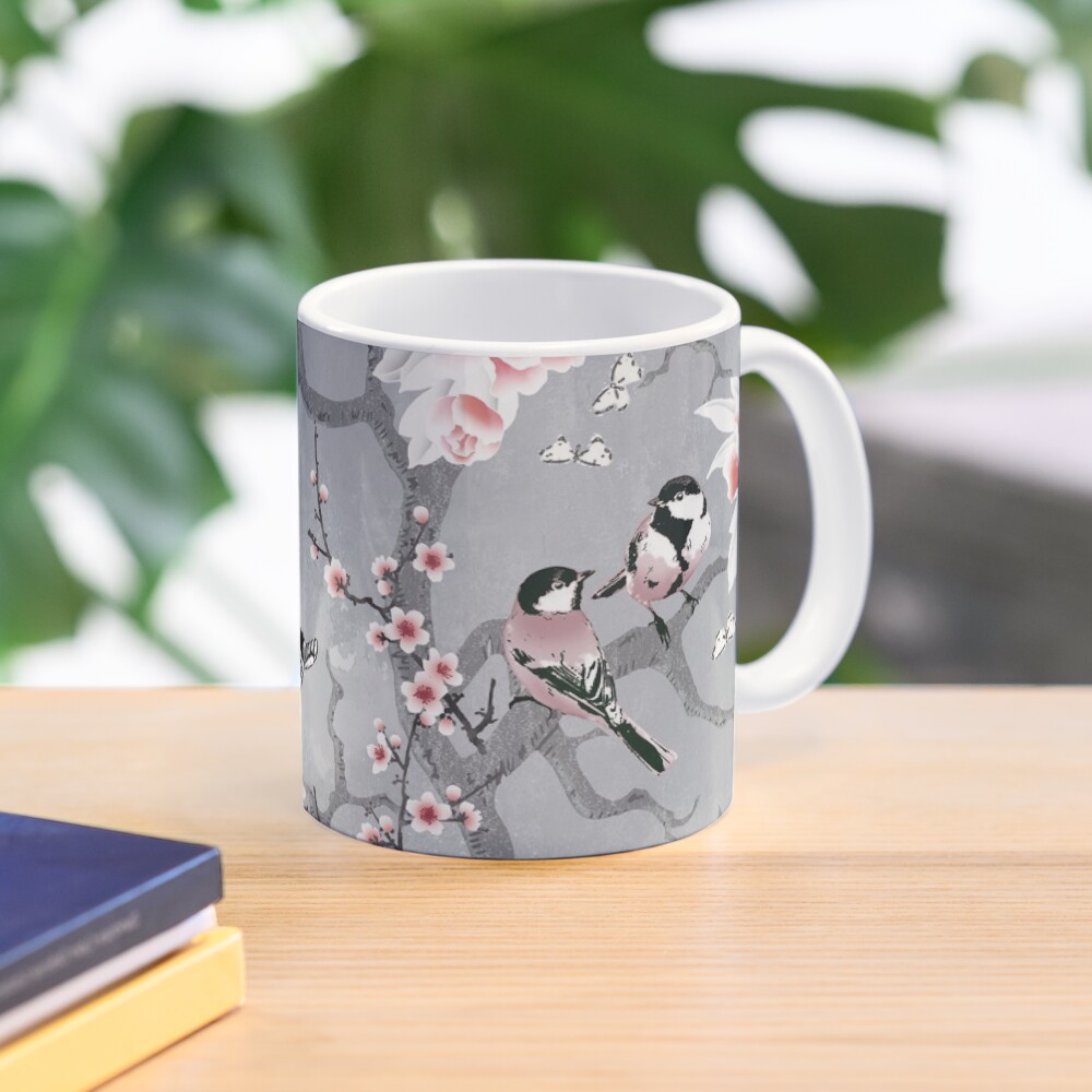 Pájaros Chinoiserie En Gris Taza
