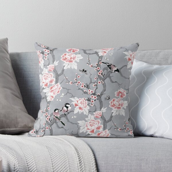 Chinoiserie birds in grey Throw Pillow
