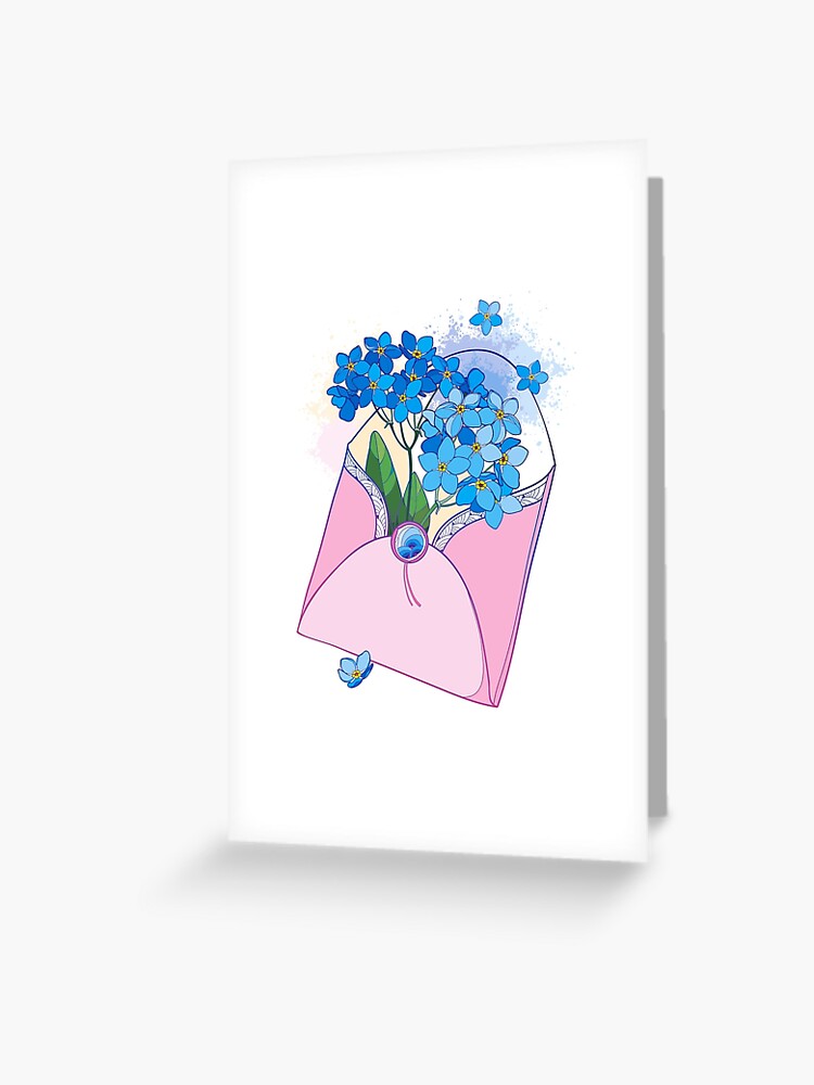 Tarjetas de felicitación «Ramillete con azul No me olvides la flor en un  sobre rosa abierto.» de Bokasana | Redbubble
