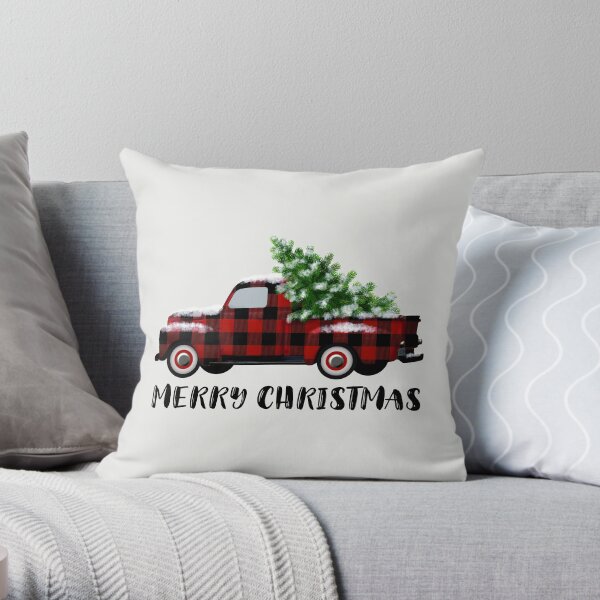 Buffalo Plaid Vintage Truck with Christmas Tree Throw Pillow