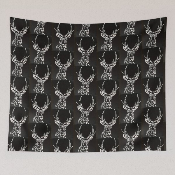 Item preview, Black and white deer drawing, deer face with a butterfly made from forest leaves.  designed and sold by cathyartist.