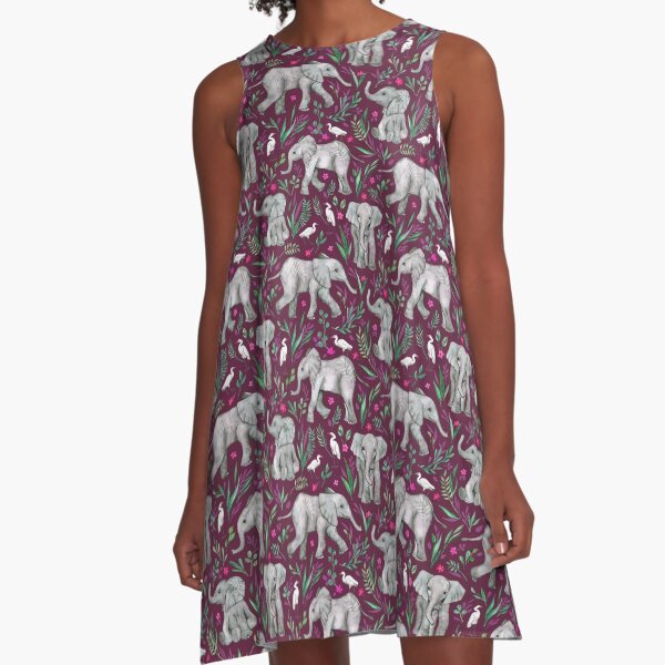 Item preview, Baby Elephants and Egrets in Watercolor - burgundy red  designed and sold by micklyn.