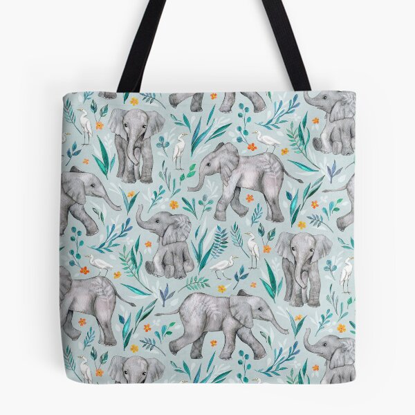 Item preview, Baby Elephants and Egrets in Watercolor - egg shell blue designed and sold by micklyn.