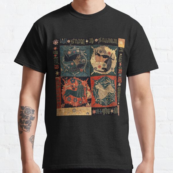 MEDIEVAL BESTIARY, DEER, UNICORN,CENTAUR AND LION Red Blue Antique Scandinavian Embroidery Classic T-Shirt