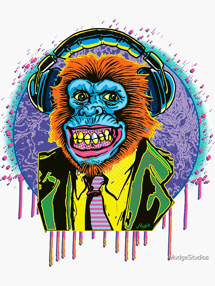 “Psychedelic Chimp Suit With Headphones " Sticker for Sale by