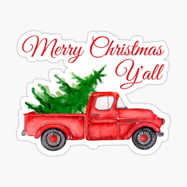 Merry Christmas Y'all Vintage Red Pickup Truck with Farm Fresh Xmas Tree Pajama Gift Sticker