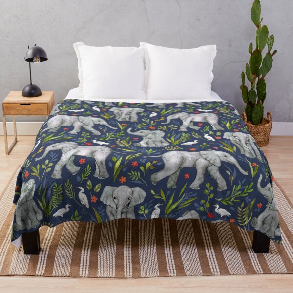 Item preview, Baby Elephants and Egrets in Watercolor - navy blue designed and sold by micklyn.