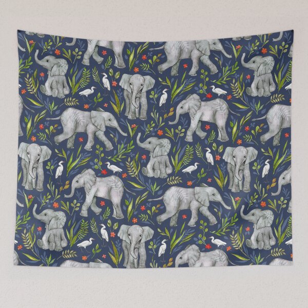 Item preview, Baby Elephants and Egrets in Watercolor - navy blue designed and sold by micklyn.