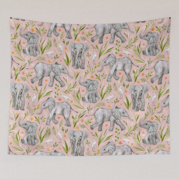 Item preview, Baby Elephants and Egrets in watercolor - blush pink designed and sold by micklyn.