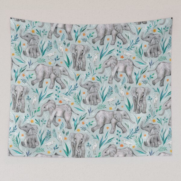 Item preview, Baby Elephants and Egrets in Watercolor - egg shell blue designed and sold by micklyn.