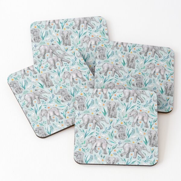 Item preview, Baby Elephants and Egrets in Watercolor - egg shell blue designed and sold by micklyn.