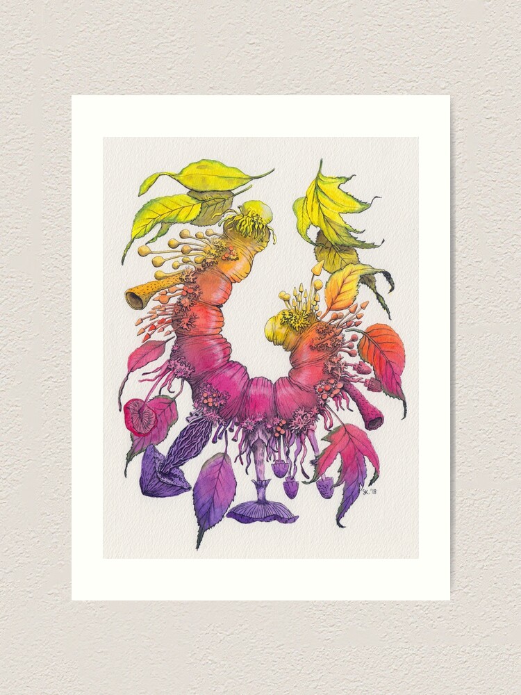 Alternate view of Caterpillar, Leaves and Mushrooms - Change - Watercolor Illustration Art Print