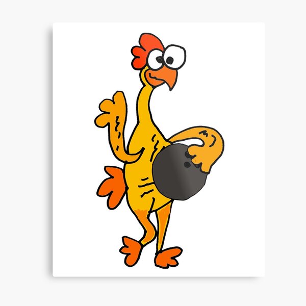 "Funny Rubber Chicken Bowling Cartoon" Metal Print for Sale by