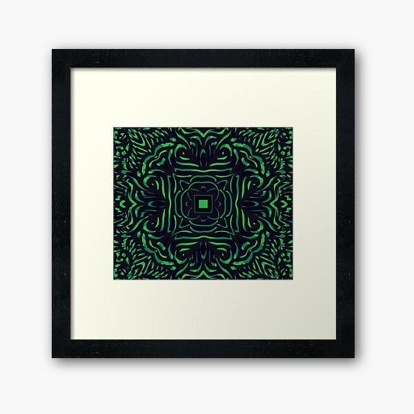 Black & Green Swirly Mandala Framed Art Print