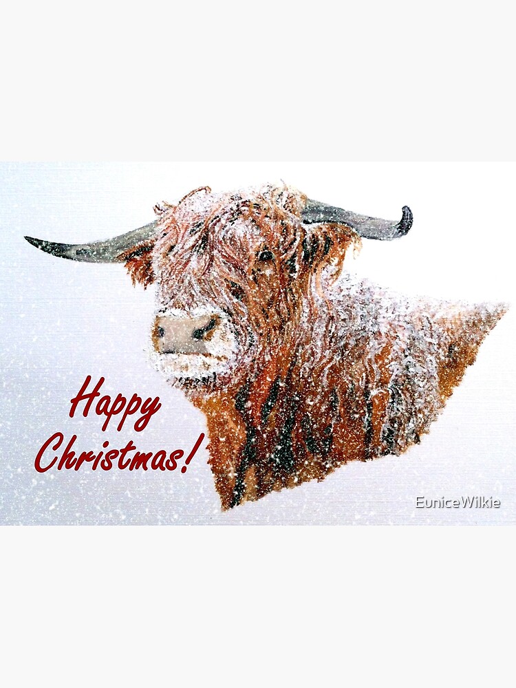 Thumbnail 2 of 2, Greeting Card, Snowy Highland Cow in Falling Snow Christmas Card designed and sold by EuniceWilkie.