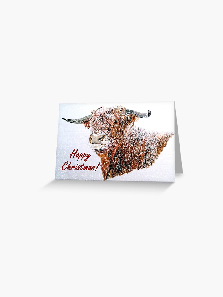 Thumbnail 1 of 2, Greeting Card, Snowy Highland Cow in Falling Snow Christmas Card designed and sold by EuniceWilkie.