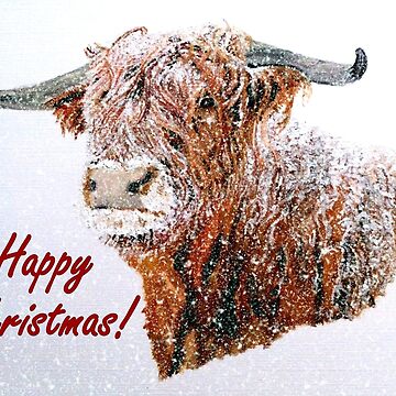 Artwork thumbnail, Snowy Highland Cow in Falling Snow Christmas Card by EuniceWilkie