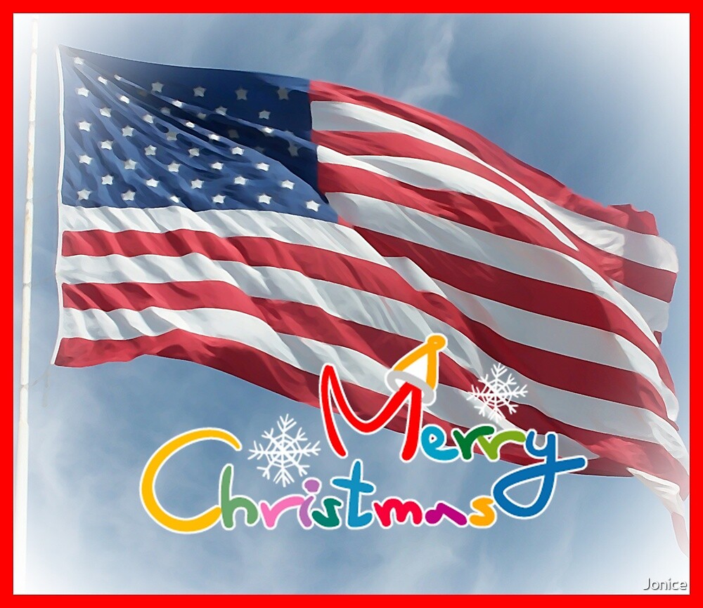 "Merry Christmas Patriotic Flag" by Jonice  Redbubble