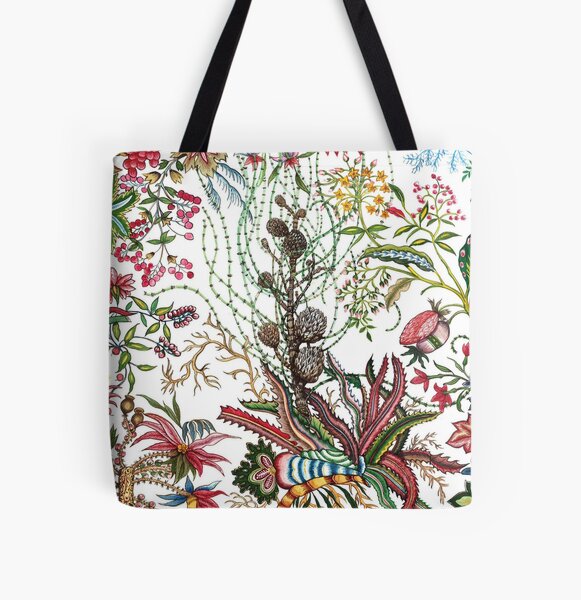 Design created by Stephen Bowers after late 18th-century water-colour and block prints of fleurs tropicales et palmiers for toile de Jouy All Over Print Tote Bag