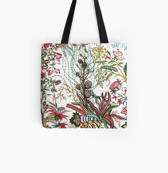 Design created by Stephen Bowers after late 18th-century water-colour and block prints of fleurs tropicales et palmiers for toile de Jouy All Over Print Tote Bag