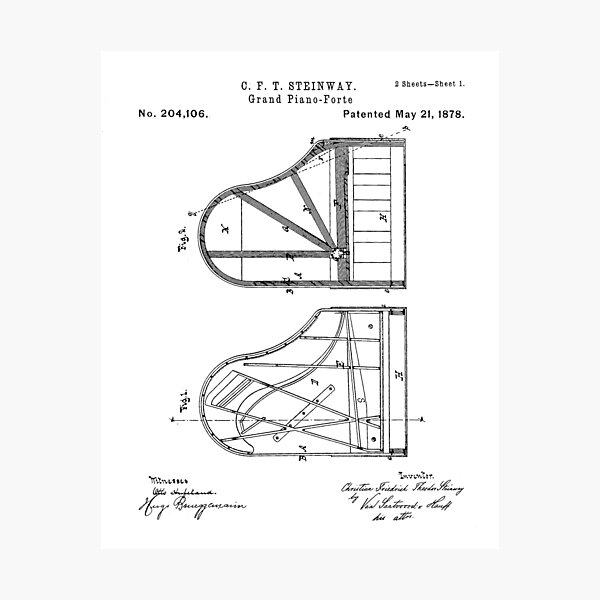 Steinway Grand Piano Patent - Piano Player Art - Black And White Photographic Print