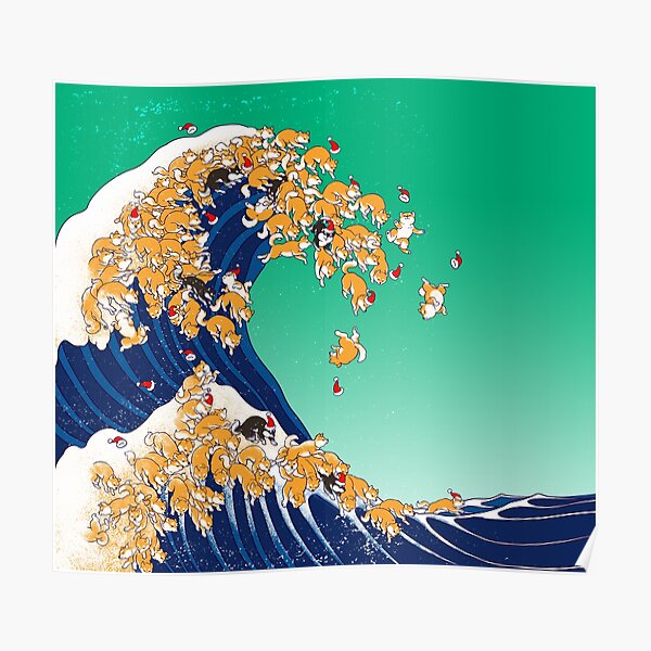 Christmas Shiba Inu in Great Wave Poster