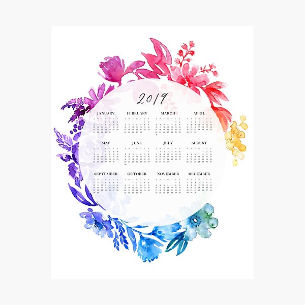 2019 calendar: ombre watercolor floral wreath Photographic Print