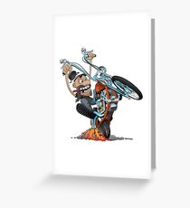 Funny biker riding a chopper, popping a wheelie motorcycle cartoon Greeting Card