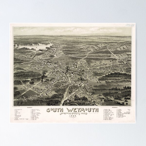 Item preview, Vintage Pictorial Map of South Weymouth MA (1885) designed and sold by BravuraMedia.