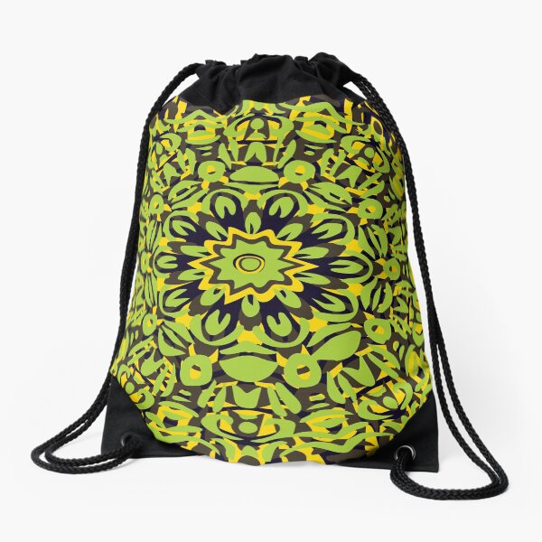 Yellow, Dark Blue & Green Flower Burst Mandala Drawstring Bag