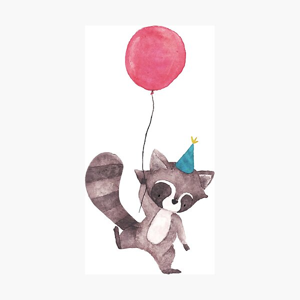 Birthday Raccoon with Balloon Photographic Print