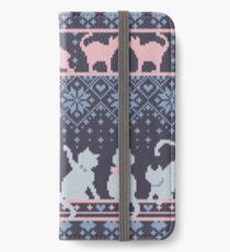 Fair Isle Knitting Cats Love // dark violet background white and violet kitties and details iPhone Wallet/Case/Skin