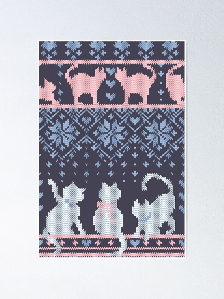 Fair Isle Knitting Cats Love // dark violet background white and violet  kitties and details