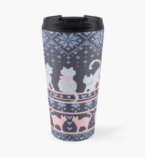 Fair Isle Knitting Cats Love // dark violet background white and violet kitties and details Travel Mug