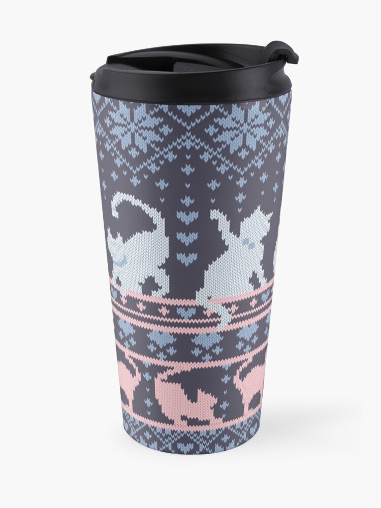 Alternate view of Fair Isle Knitting Cats Love // dark violet background white and violet kitties and details Travel Mug