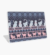 Fair Isle Knitting Cats Love // dark violet background white and violet kitties and details Laptop Skin