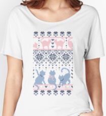 Fair Isle Knitting Cats Love // fond violet foncé minou blanc et violet T-shirts coupe relax