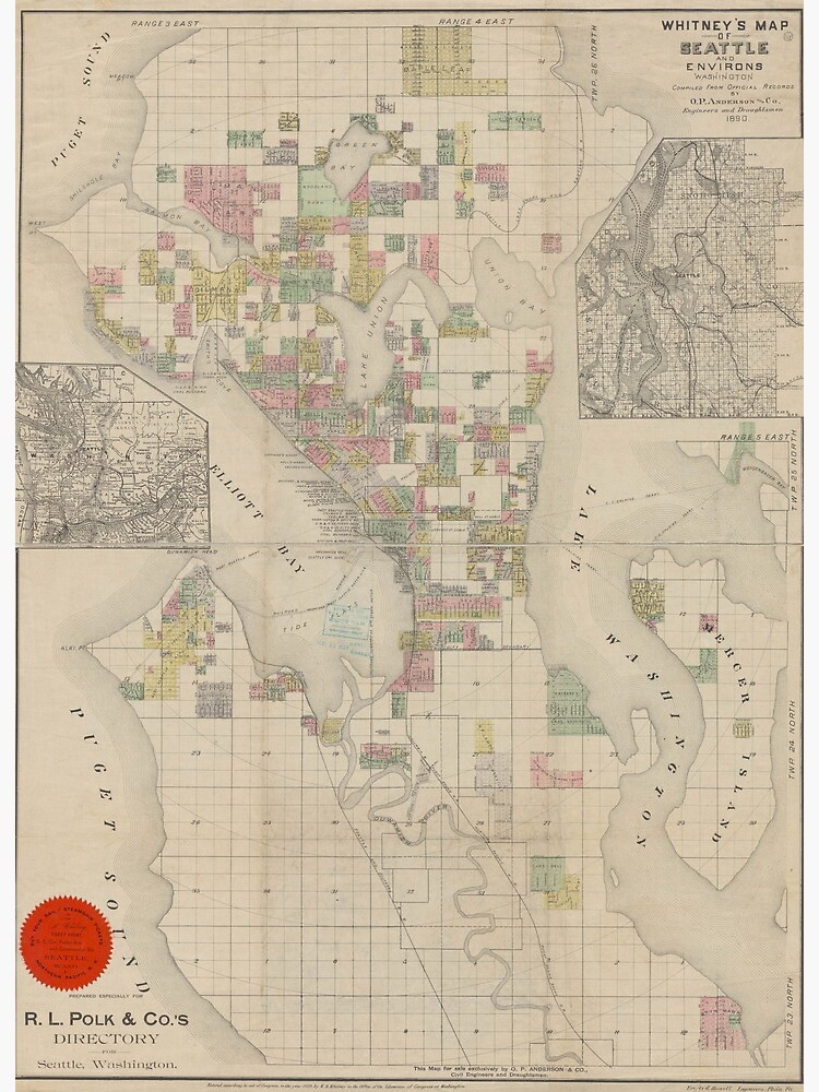 Hand Painted Map of Seattle, Washington, 1890 / Retro Seattle Map ...