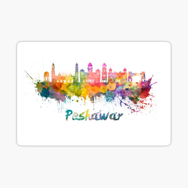 "Peshawar skyline in watercolor splatters " Sticker for Sale by