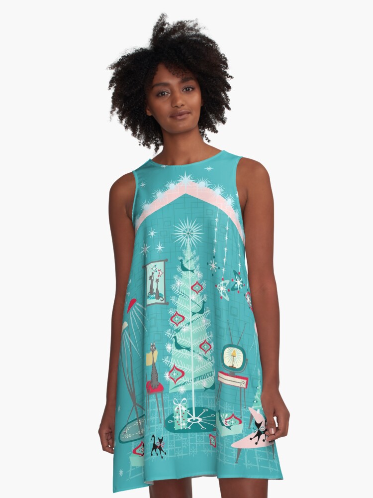 Thumbnail 1 of 4, A-Line Dress, Retro Holiday Decorating ©️studioxtine designed and sold by studioxtine.