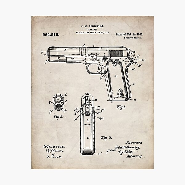 Colt Pistol Patent - Browning 1911 Colt Art - Antique Photographic Print