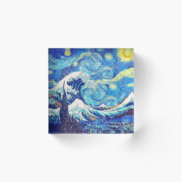 The Great Wave Hokusai - Starry Night Van Gogh Acrylic Block