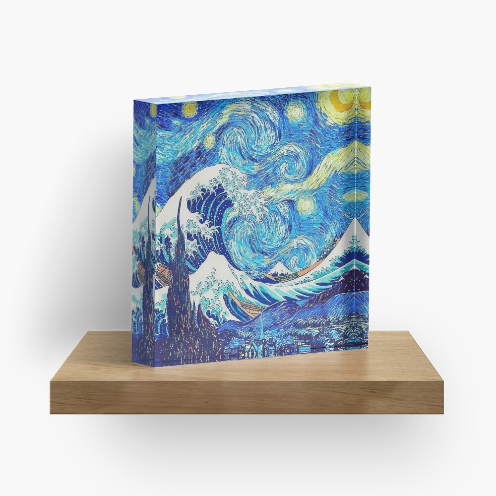 The Great Wave Hokusai - Starry Night Van Gogh Acrylic Block