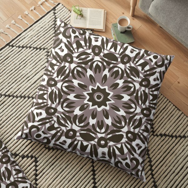 Grey, White & Black Flower Burst Mandala Floor Pillow