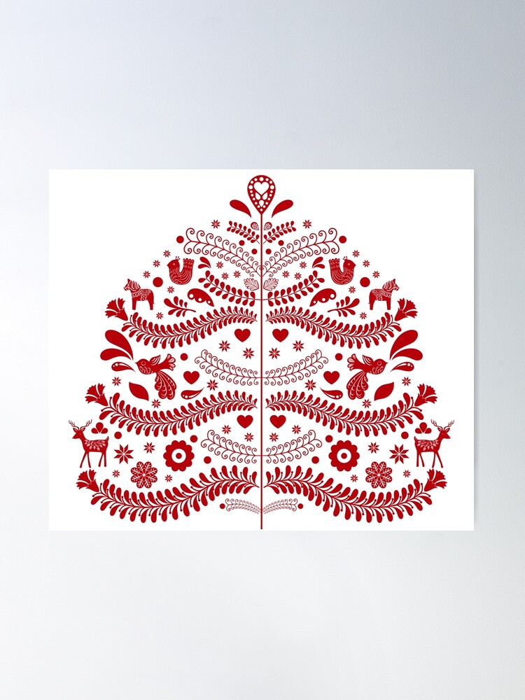 Red Scandinavian Folk Art Style Christmas Tree Design Poster for Sale by  Gsallicat