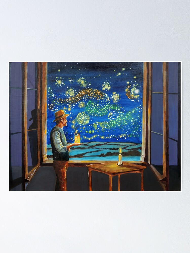 Alternate view of Van Gogh & The Starry Night with fireflies Poster