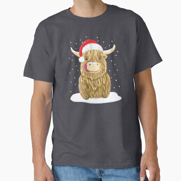 Vista previa del artículo con la obra «Vaca escocesa highland en la nieve de navidad», diseñado y vendido por brodyquixote.