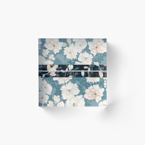 Teal Peony Blossom with Contrast "Obi" Print Acrylic Block