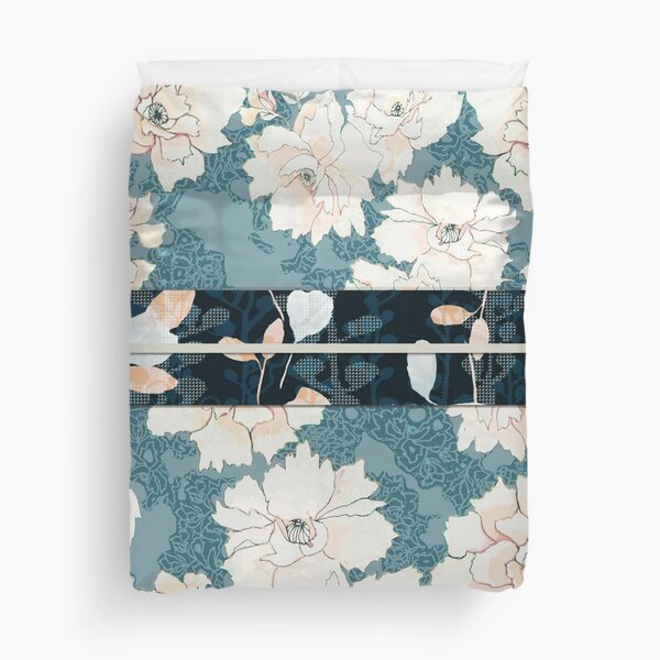 Teal Peony Blossom with Contrast "Obi" Print Duvet Cover