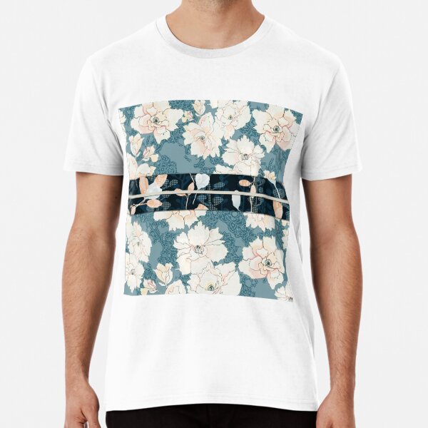 Teal Peony Blossom with Contrast "Obi" Print Premium T-Shirt